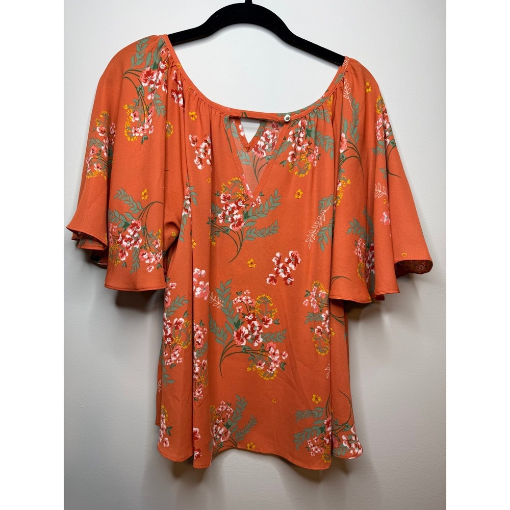 Copper Key Orange Floral Tiered Flutter Sleeve Blouse Top Feminine Womens Medium - Picture 8 of 10